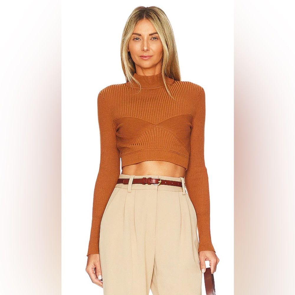 Revolve x NBD Midori brown turtleneck mock neck stretchy long sleeve top, XSmall
